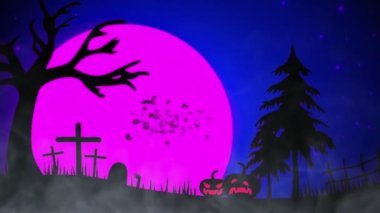 Pembe Ay Cadılar Bayramı Gecesi Arka planı 4K animasyonu. Balkabağı ve uçan yarasa Cadılar Bayramı Festivali. Uçan yarasalar konsepti, Korkunç bir geceyle perili şato.