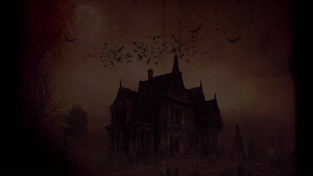 Halloween Escuro Casa Assombrada Morcegos Voadores Sobre Lua Efeitos Rolo — Vídeo de Stock