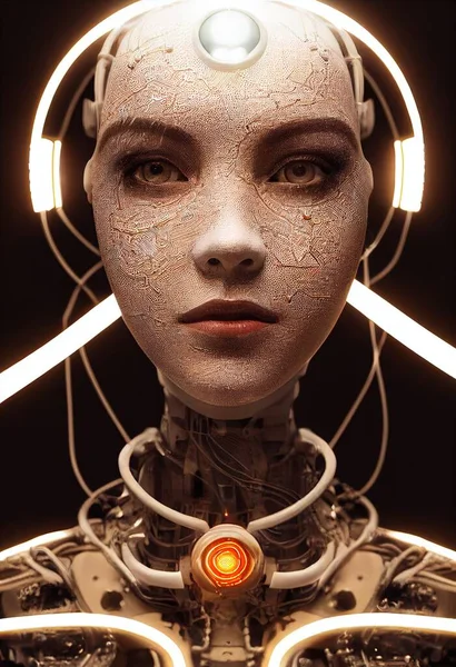 Robotic woman, face detail view. Portrait of robot woman close-up. Robotic woman with real face. A cyber-girl with a white body and a metal glowing mechanism in her neck. 3d illustration concept