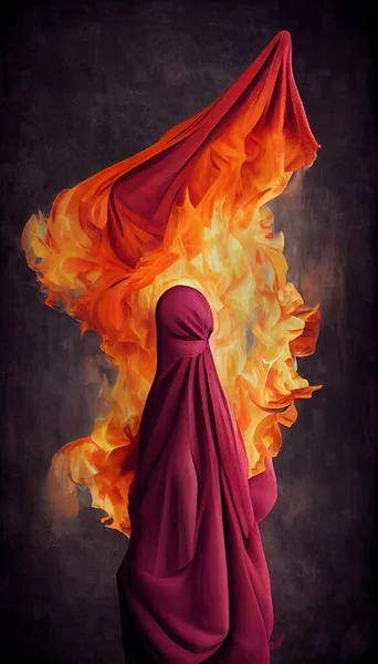 Arab woman burning her hijab in protests against oppression of women, woman and men equality , women rights, repressive regime and morality police fight, symbolic, 3d illustration sketch