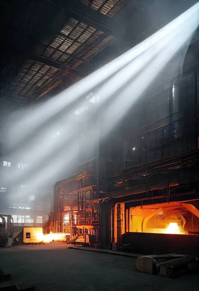 Rusty abandoned metallurgical plant. Old smelting factory hall. Metal, aluminium, copper production Heavy industry interiors. Steel factory ruined blast furnace. Concept illustration.