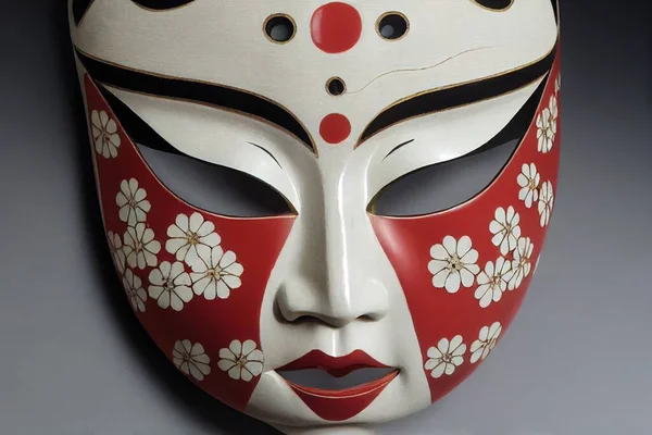 Painted traditional japanese kabuki theater mask made of ceramic, wood, lacquer and clay. Highly ornate and exaggerated design. Masks used by actors during spectacle, 3D illustration concept art.