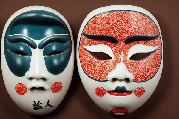 Painted traditional japanese kabuki theater mask made of ceramic, wood, lacquer and clay. Highly ornate and exaggerated design. Masks used by actors during spectacle, 3D illustration concept art.