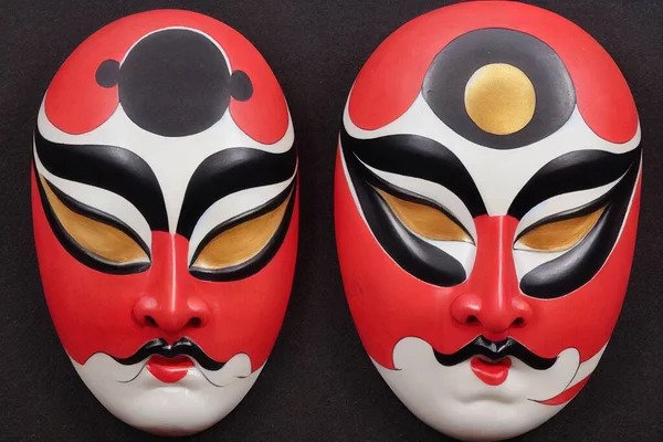 Painted traditional japanese kabuki theater mask made of ceramic, wood, lacquer and clay. Highly ornate and exaggerated design. Masks used by actors during spectacle, 3D illustration concept art.