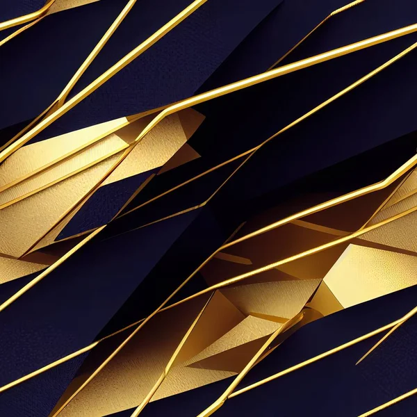 Seamless abstract parallel straight and curved lines, dark blue and gold tone pallete. Elegant, luxury tiling geometric pattern background wallpaper. 3D illustration surface design.