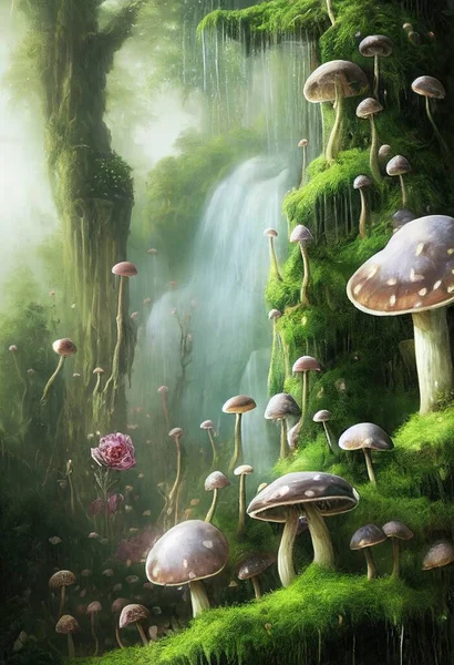 Surreal fantasy land with large forest full of all sizes mushrooms. Beautiful magical fairy tale enchanted forest. Surreal, abstract, highly detailed, lifelike, 3d illustration, digital painting.