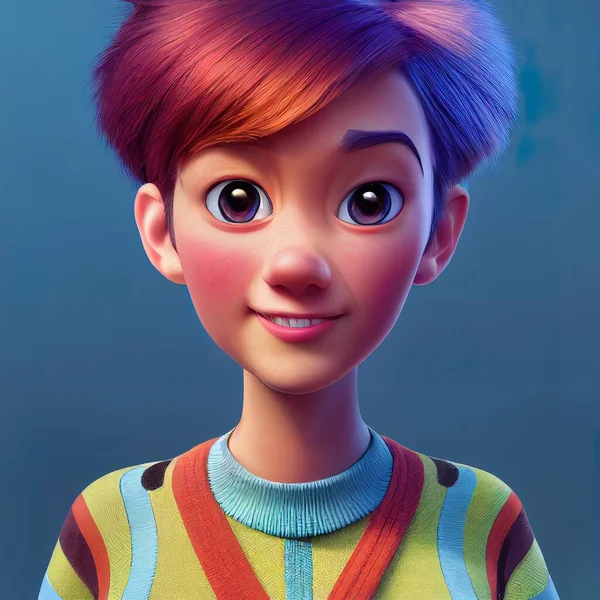Short haired young woman, graphic designer. Cartoon big eyed close up portrait. Animated movie character design isolated. Animation 3d digital art style, realistic light render. 3D illustration.