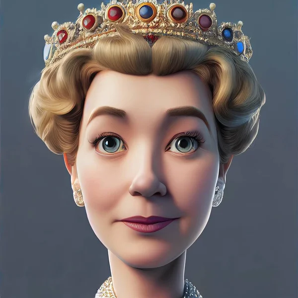 Young queen of big nation wearing stylish hat. Cartoon big eyed close up portrait. Animated movie character design isolated. Animation 3d digital art style, realistic light render. 3D illustration.