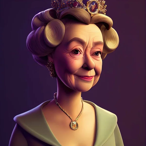 Middle age queen of big nation wearing crown. Cartoon big eyed close up portrait. Animated movie character design isolated. Animation 3d digital art style, realistic light render. 3D illustration.