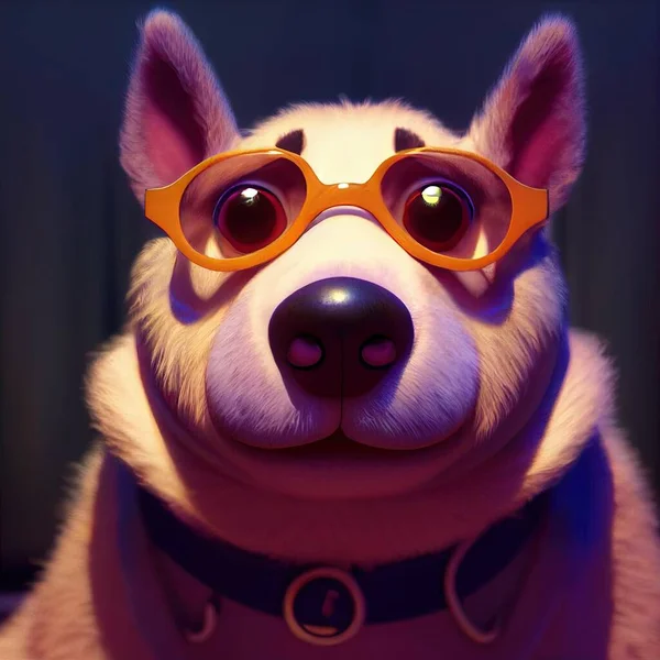 Tiny cute adorable dog in glasses, intricate details. Cartoon big eyed close up portrait. Soft cinematic lighting, animation style character, anime style, 3d illustration.