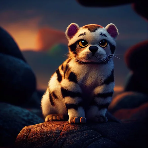 Tiny cute adorable panthera sitting on a rock, intricate details. Cartoon big eyed close up portrait. Soft cinematic lighting, animation style character, anime style, 3d illustration.