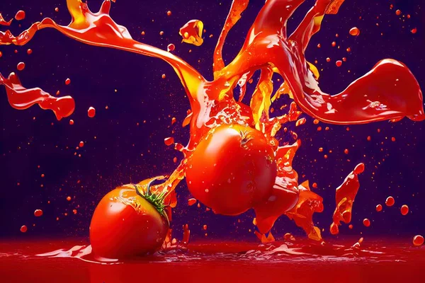 Tomato red sauce explosion, splash through flying tomatoes. Ketchup, passata, pulp, puree made of fresh falling tomatoes. Juicy, sweet vegetable or fruit. Vfx shot, fluid simulation. 3d illustration