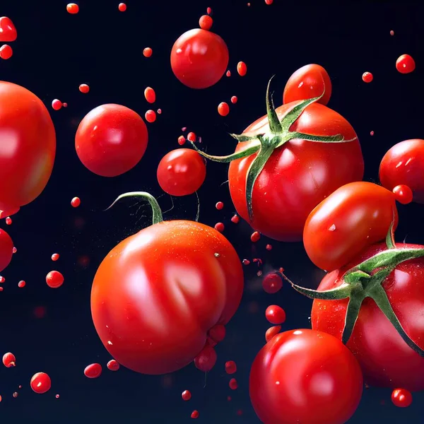 Tomato red sauce explosion, splash through flying tomatoes. Ketchup, passata, pulp, puree made of fresh falling tomatoes. Juicy, sweet vegetable or fruit. Vfx shot, fluid simulation. 3d illustration