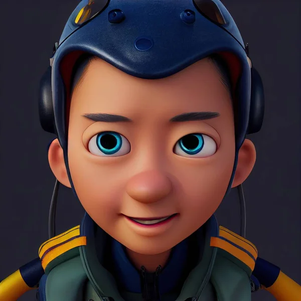 Young woman, jet fighter pilot in uniform and helmet. Cartoon big eyed close up portrait. Animated movie character design. Animation 3d digital art style, realistic light render. 3D illustration.