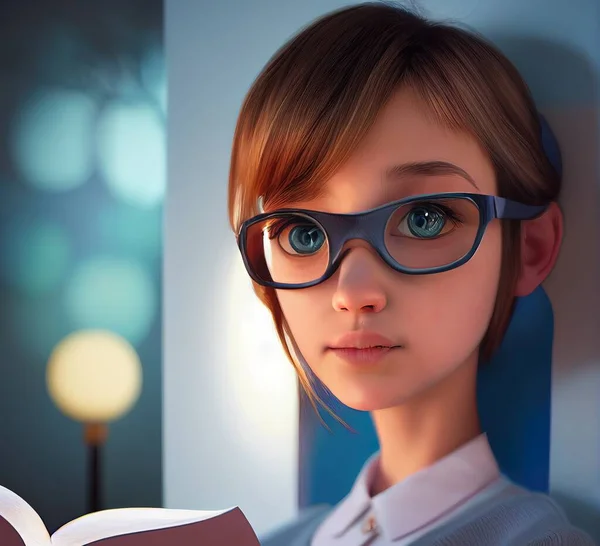 Young woman love reading books, bookworm. Cartoon big eyed close up portrait. Animated movie character design.Animation 3d digital art style, realistic light render. 3D illustration.