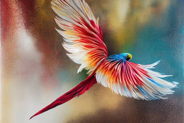 Illustration of colorful parrot flying up in paint splashes. Majestic, tropical, exotic bird spreading wide wings. Dripping oil and water painting of a wild animal. Watercolor drawing. 3D illustration.