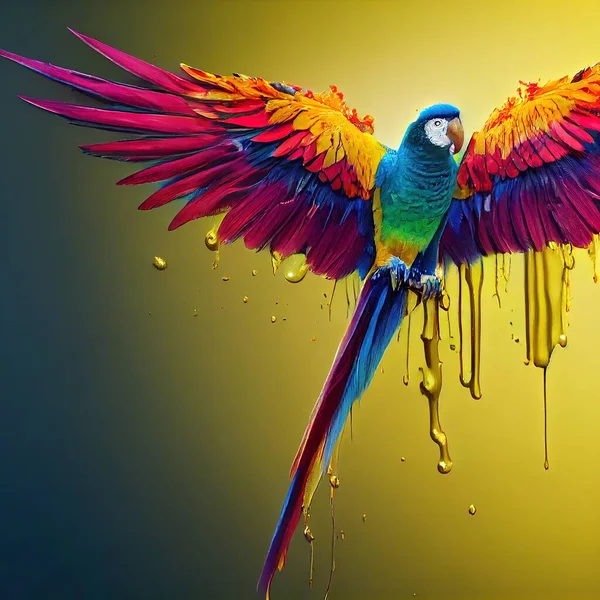 Illustration of colorful parrot flying up in paint splashes. Majestic, tropical, exotic bird spreading wide wings. Dripping oil and water painting of a wild animal. Watercolor drawing. 3D illustration.