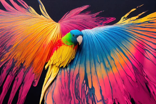 Illustration of colorful parrot flying up in paint splashes. Majestic, tropical, exotic bird spreading wide wings. Dripping oil and water painting of a wild animal. Watercolor drawing. 3D illustration.