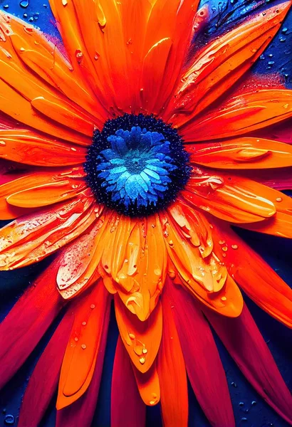 Illustration of colorful flower gerbera, paint splashes. Majestic, exotic, garden plant spreading petals. Dripping oil and water painting of a amazing blossom. Watercolor drawing. 3D illustration.