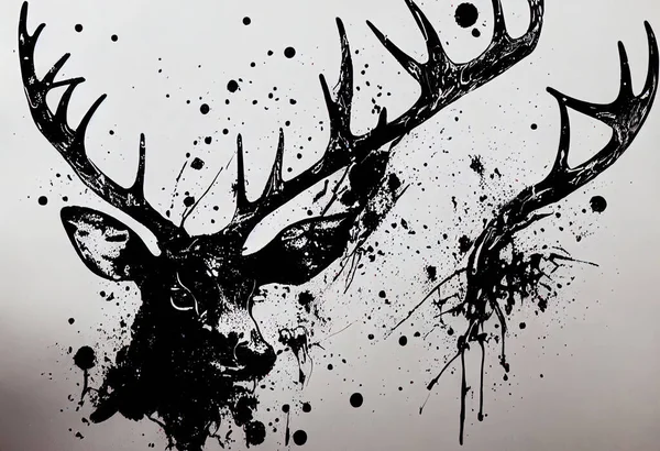 Illustration of black and white deer in paint splashes. Majestic portrait. Big head of animal, dripping oil and water painting of a wild mammal. Watercolor drawing. 3D illustration.