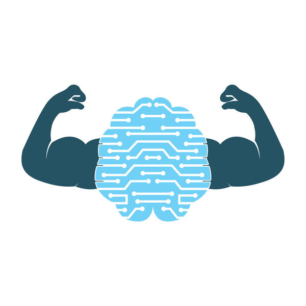Строгий дизайн логотипа вектора мозга. Стронгскрин с сильными бицепсами.
