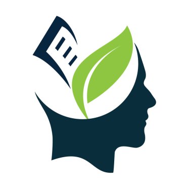 Bitki ve kitap logosu olan insan kafası. Organik eğitim beyin şablonu tasarımı.