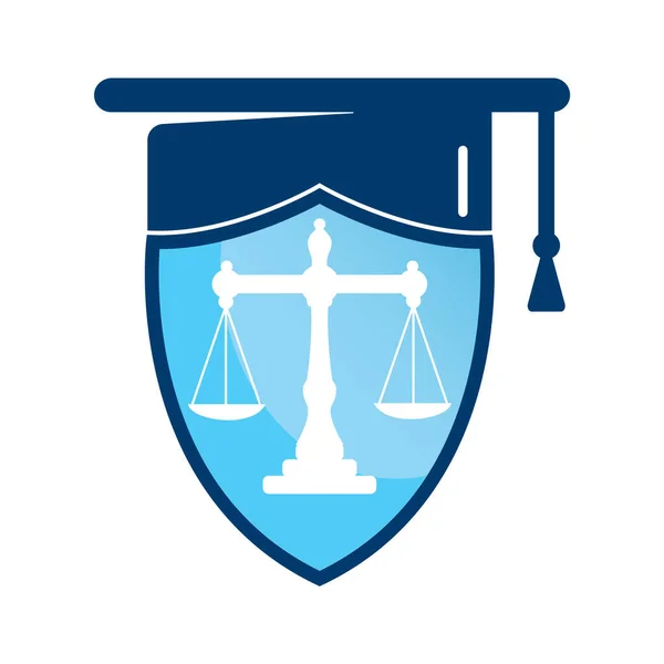 Mezuniyet şapkası logosu tasarımlı bir hukuk terazisi. Hukuk eğitimi vektör logosu kavramı.