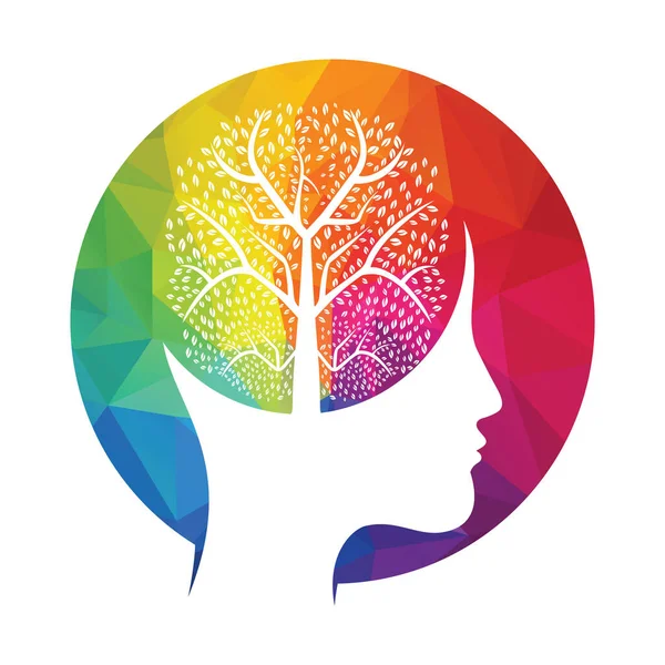 脳の木のロゴのコンセプトを持つ女性の頭 有機脳ツリーマインドコンセプトデザイン — ストックベクタ