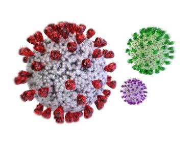 Covid, Variants, Alpha, Beta, Gama, Delta, Omicron, Virüs, Coronavirus. 3D Rending Concept Illustration. Salgın, Grip, Küresel Salgın, Salgın.