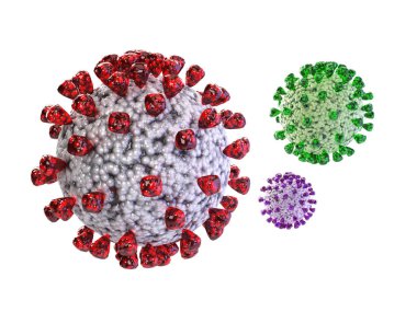Covid, Variants, Alpha, Beta, Gama, Delta, Omicron, Virüs, Coronavirus. 3D Rending Concept Illustration. Salgın, Grip, Küresel Salgın, Salgın.
