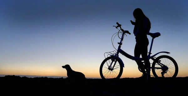 Silhouette Young Woman Bicycle Sea Sunset — Stock Photo, Image