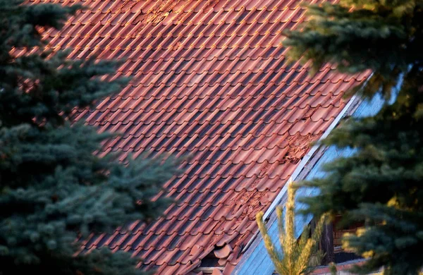 Helder Verlichte Rode Tegels Dak Voor Achtergrond — Stockfoto