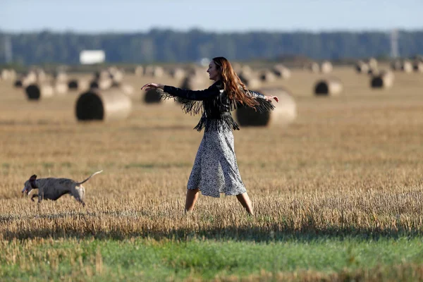 Portrait Une Fille Dans Champ Avec Foin — Photo