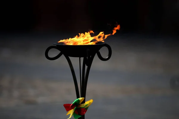 리투아니아 국기의 색깔로 장식된 장식된 장식적 라일락 횃불은 밖에서 불타고 — 스톡 사진