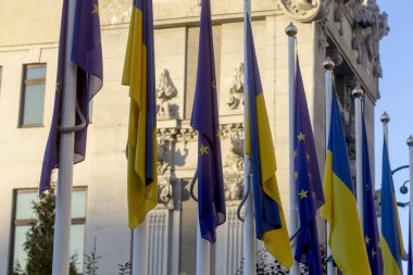 Ukrayna bayrağı. Ukrayna 'nın vatansever bayrağı rüzgarda dalgalanıyor.