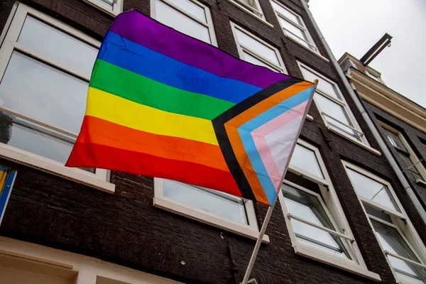 Rainbow Flags Representing Lgbt Pride Mounted House Facade Amsterdam — Stock Photo, Image