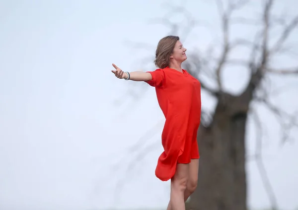 Uma Bela Jovem Mulher Vestido Vermelho Posa Campo — Fotografia de Stock