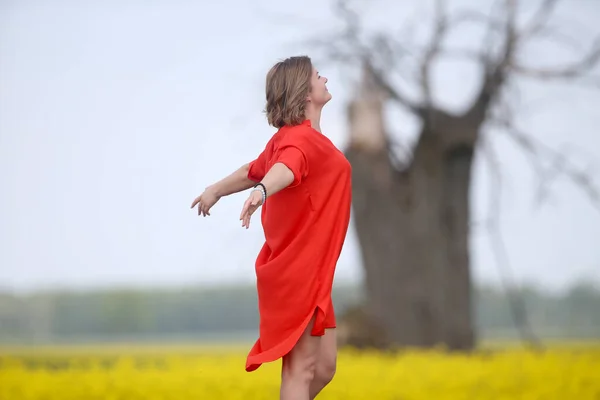 Uma Bela Jovem Mulher Vestido Vermelho Posa Campo — Fotografia de Stock