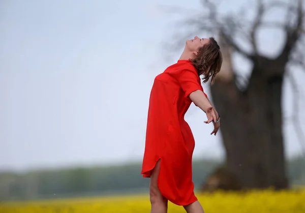 Uma Bela Jovem Mulher Vestido Vermelho Posa Campo — Fotografia de Stock