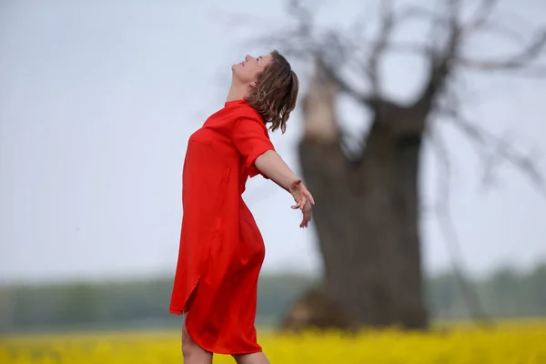 Uma Bela Jovem Mulher Vestido Vermelho Posa Campo — Fotografia de Stock