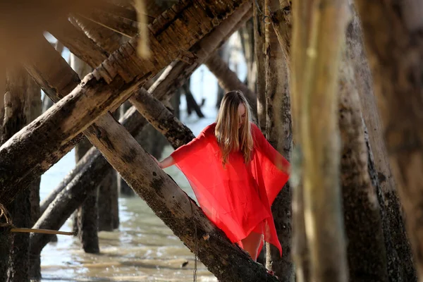Kırmızılı Güzel Bir Kız Deniz Kenarındaki Tahta Bir Köprüde Poz — Stok fotoğraf