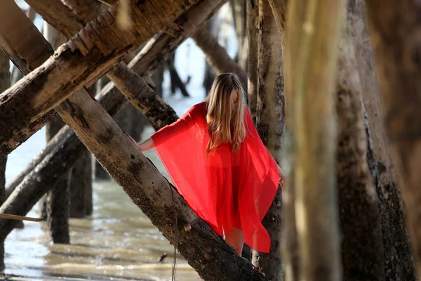 海のそばの木製の橋の上に赤の美しい少女がポーズをとっている フリードの概念 — ストック写真