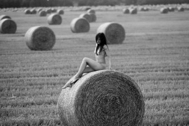 Genç bir kadın samanlıkta poz veriyor. Açık havada poz veren seksi esmer