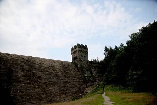 Curved Stone Block Wall Derwent Dam Derbyshire Dam North Tower — Stockfoto