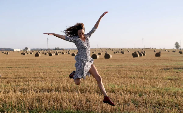 Retrato Uma Menina Campo Com Feno — Fotografia de Stock