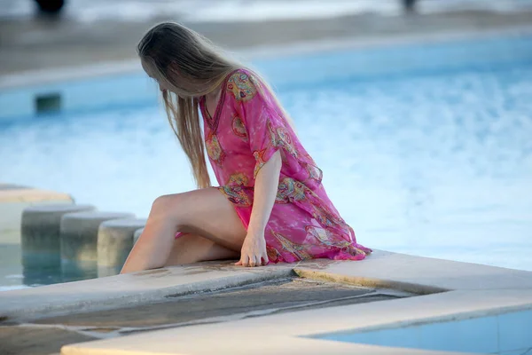 Charming Graceful Young Blonde Woman Summer Dress Sitting Edge Swimming — Stockfoto