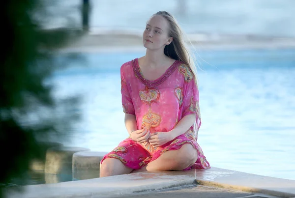 Charming Graceful Young Blonde Woman Summer Dress Sitting Edge Swimming — Stockfoto
