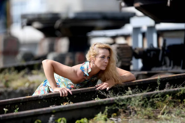 Fashionable Girl Railway Track Industrial Background — Stock fotografie
