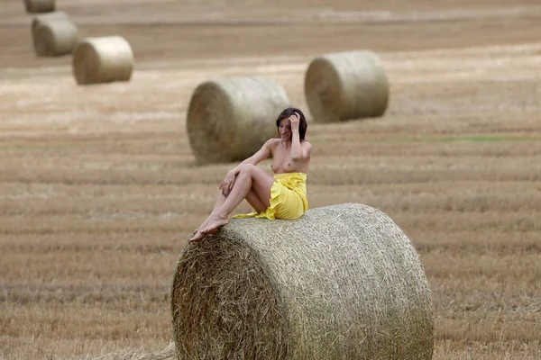 Young woman posing near haystack on the field. Sexy brunette posing outdoors