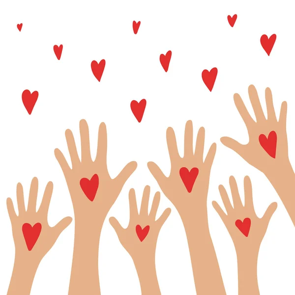 Kezeket fel! Jótékonysági és adományozási koncepció. Osztozom a szerelmemben. Egy szív szimbólumot tartó kezek. Lapos vektor illusztráció. — Stock Vector